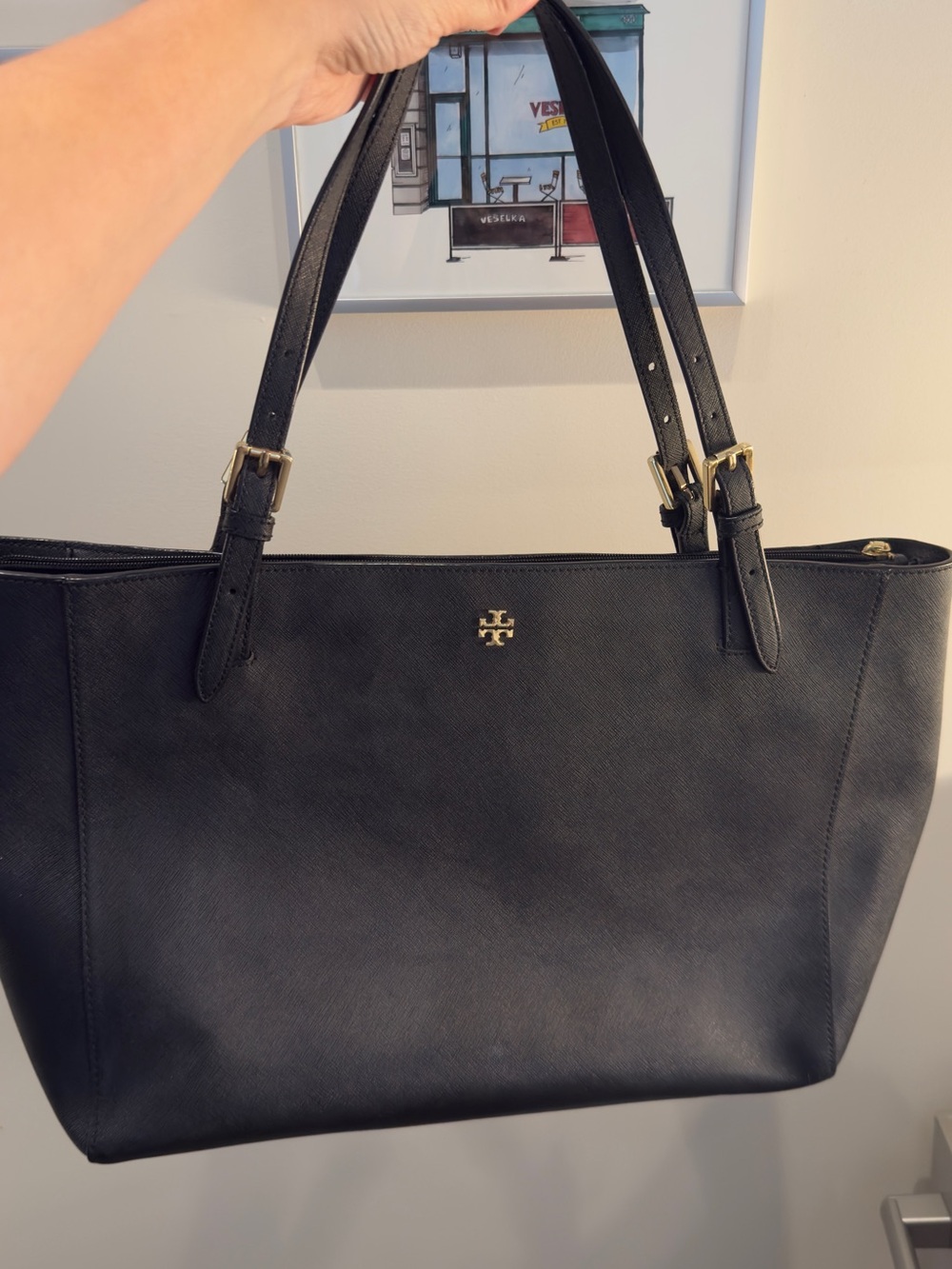 Tory Burch Black Saffiano Tote with Gold Logo